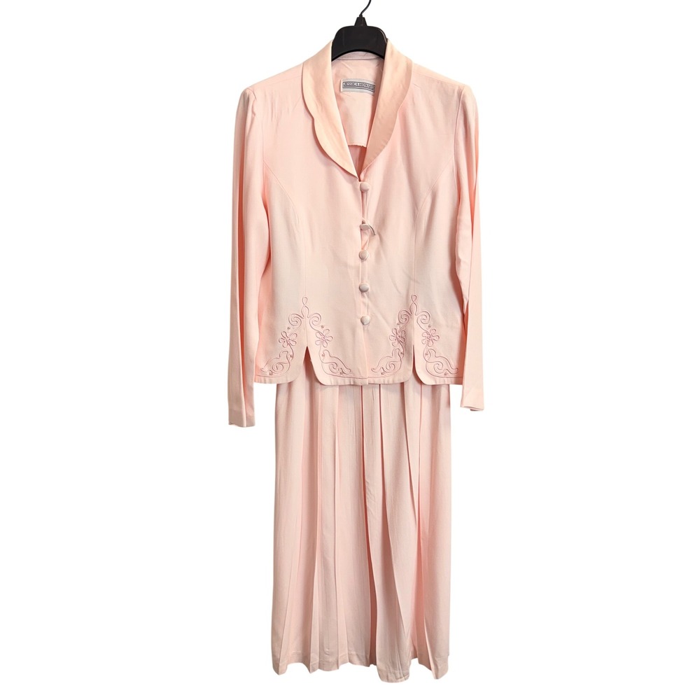 Jessica Howard Pink Skirt Suit Set 14 Embroidered Beaded Blazer Pleated Midi